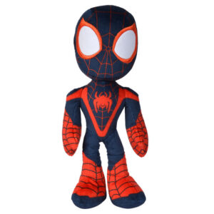 Soft Spider-Man plush toy with blue and red suit, large white eyes, and web pattern standing upright.