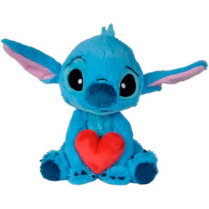 Blue plush toy of Stitch holding a red heart, sitting with ears outstretched.